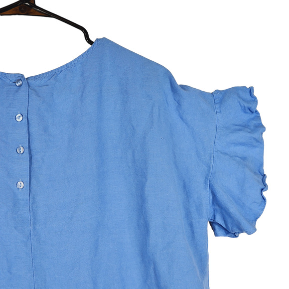 Context Linen Peplum Top Blouse sz M Women Blue Flutter Sleeves Cottage Coastal - Picture 8 of 13